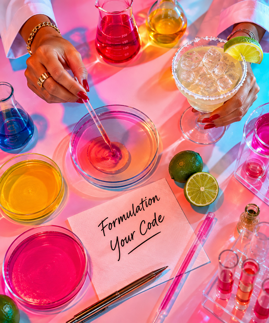 Colorful CODE formulation lab with citrus and glassware