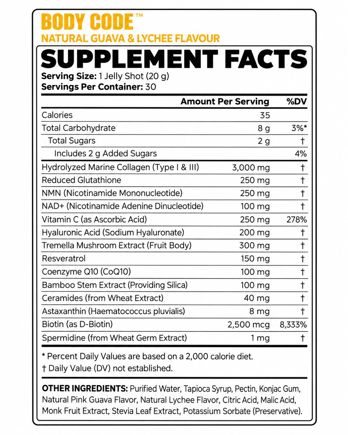 BODY CODE Supplement Facts panel, guava and lychee flavour