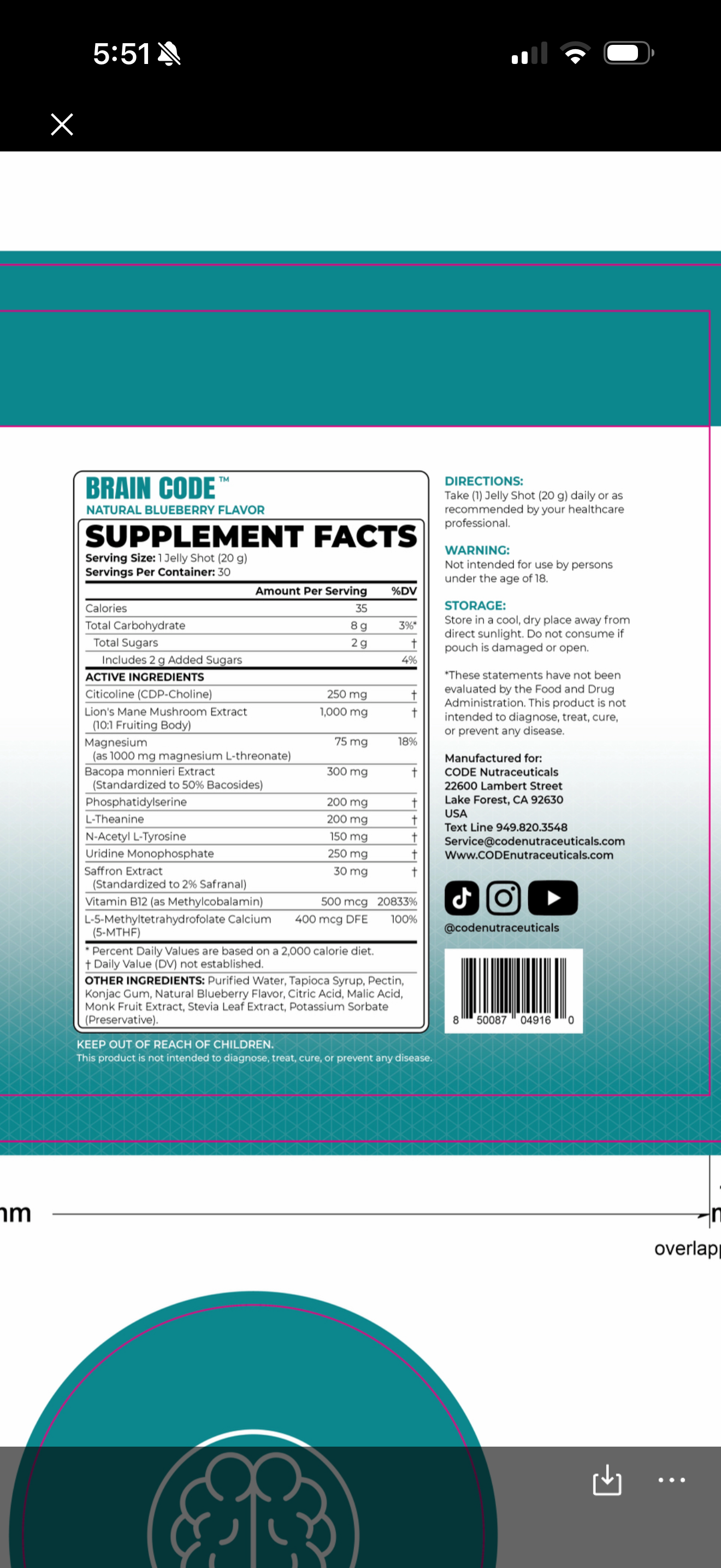 Official BRAIN CODE Supplement Facts and package panel
