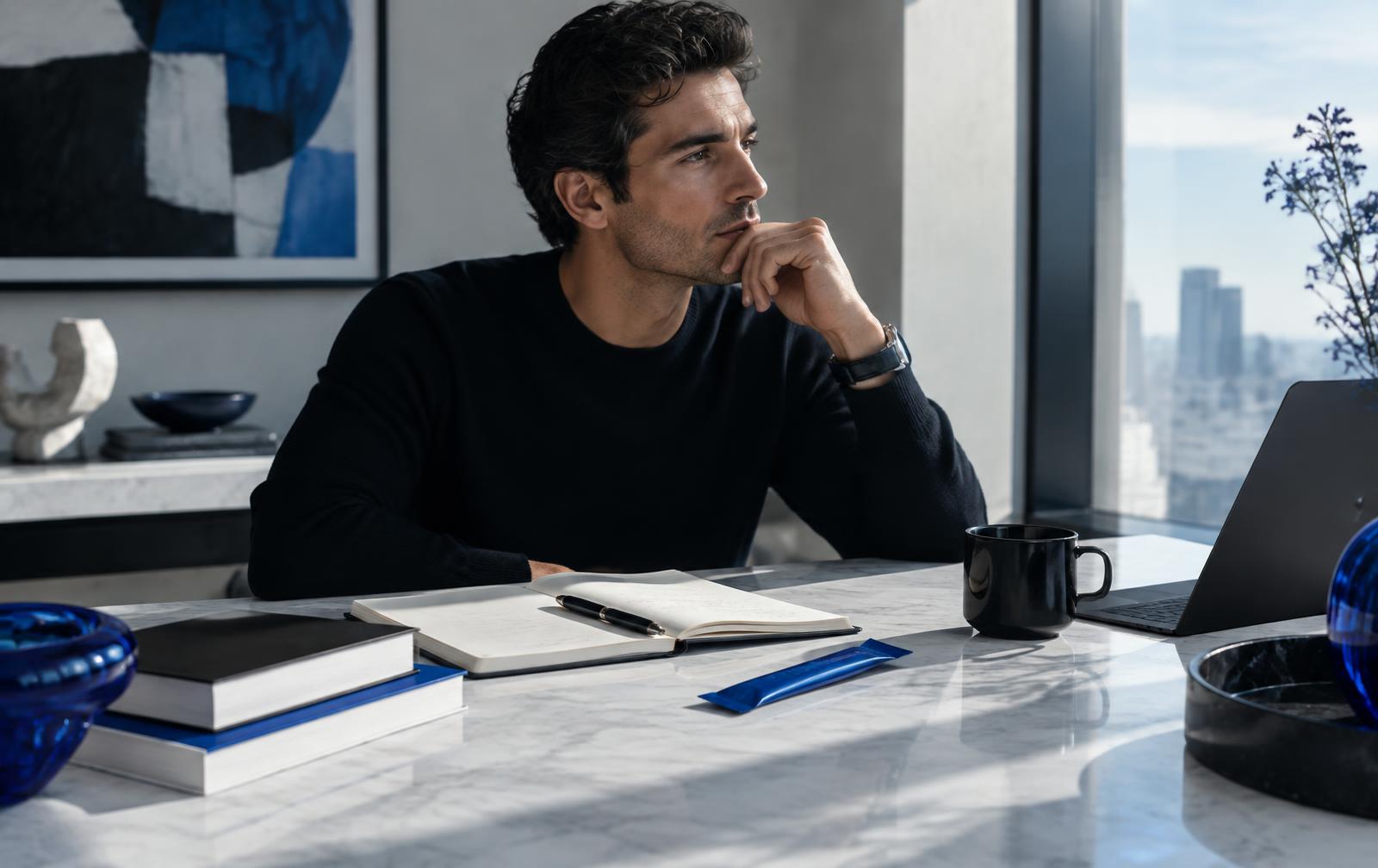 Creative professional at a clean desk in a blue-accented workspace