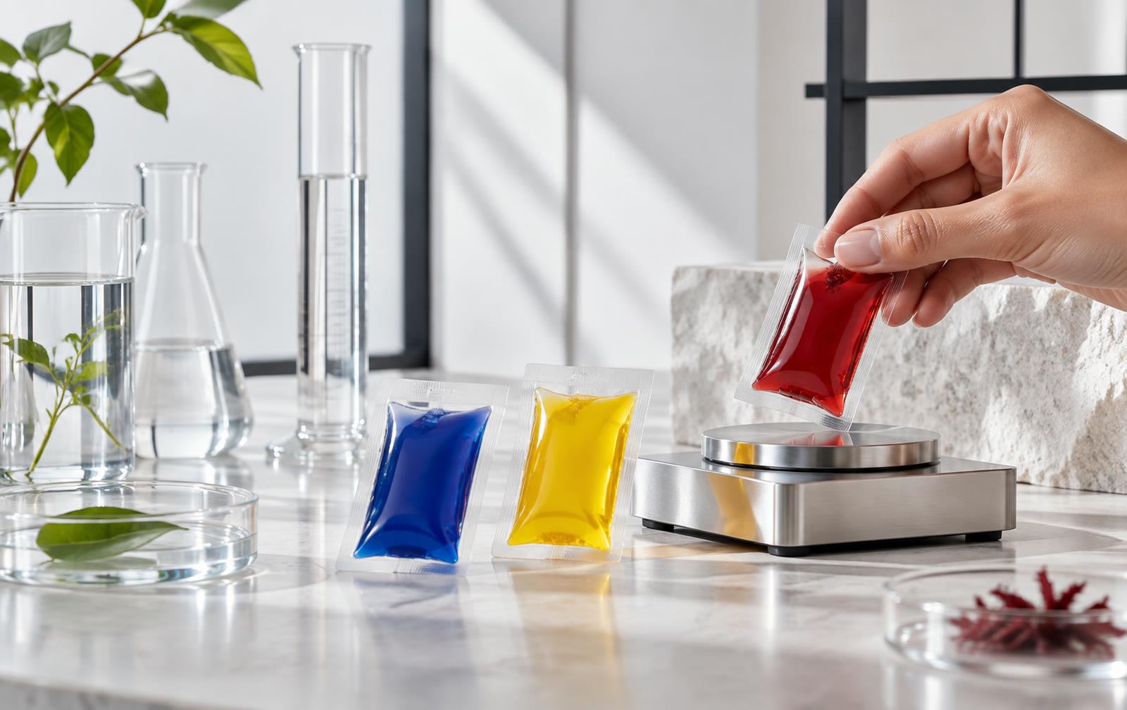 Three colorful nutraceutical jelly shots beside laboratory glassware and a precision scale