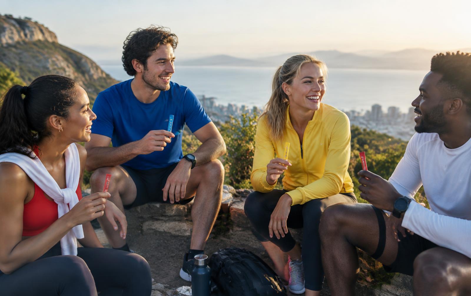 Friends sharing a relaxed outdoor wellness routine after a morning walk
