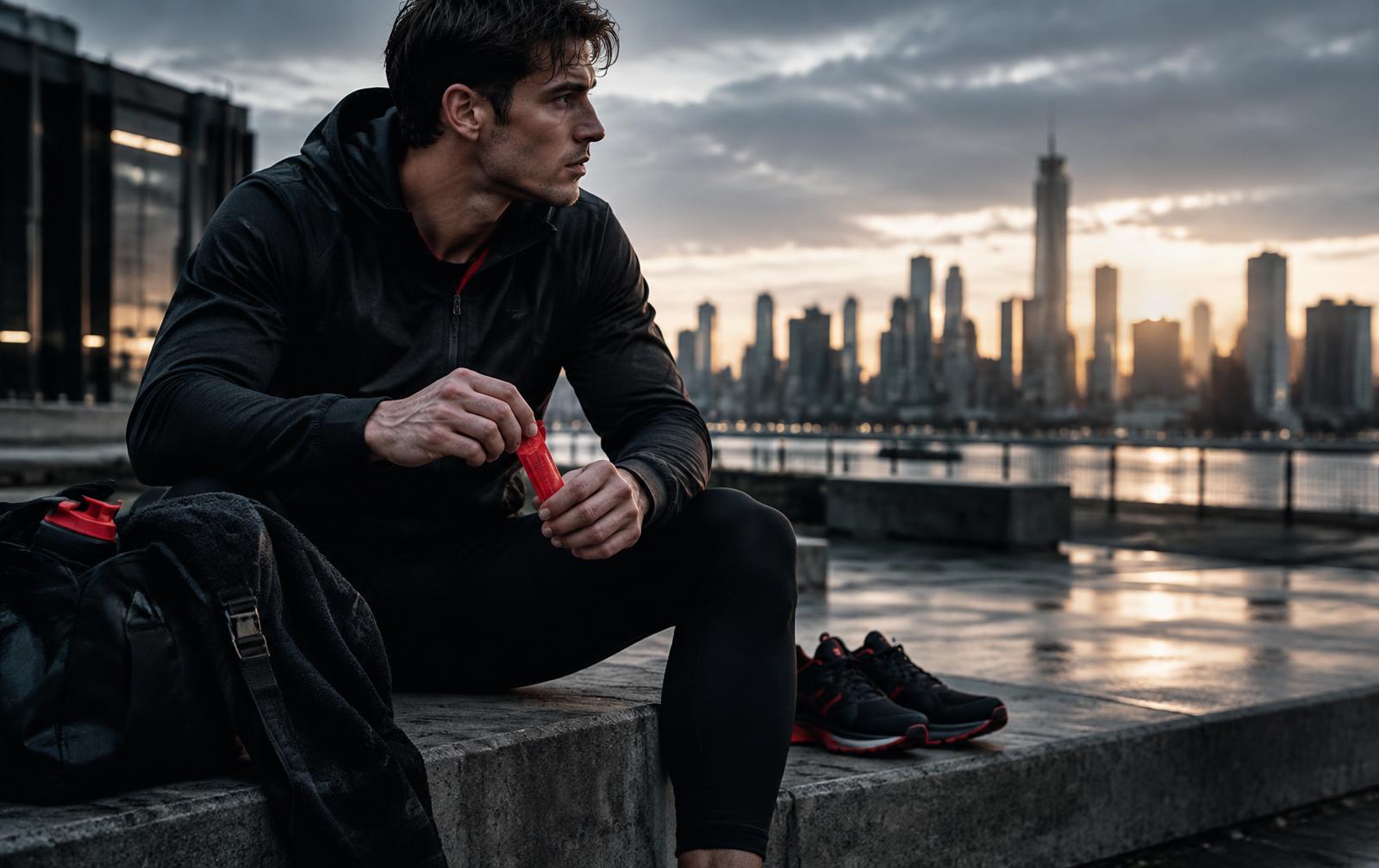 Athlete preparing for an early city workout with a portable jelly sachet