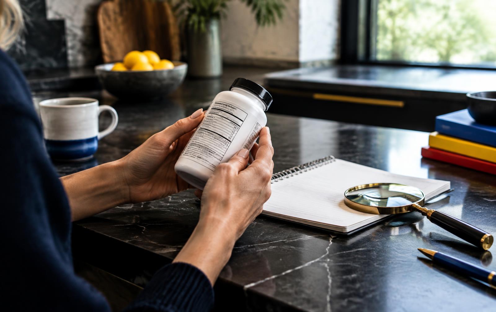 Hands carefully reading a supplement label beside a notebook and magnifying glass